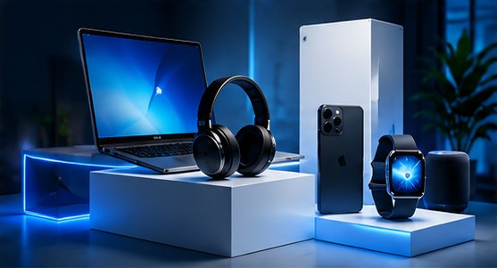 Προϊόντα τεχνολογίας: laptop, ακουστικά, smartphone και smartwatch